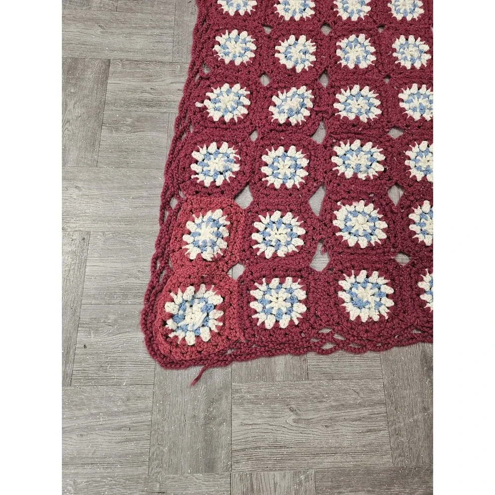 Handmade Crochet Granny Square Throw Blanket Afghan 63x75 Red Retro Boho‎ Decor